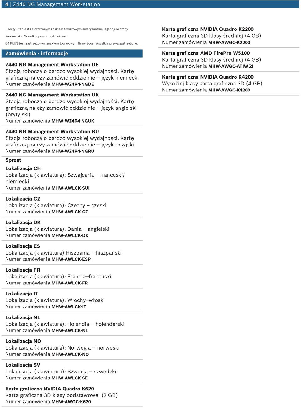 Zamówienia - informacje Z440 NG Management Workstation DE graficzną należy zamówić oddzielnie język niemiecki Nmer zamówienia MHW-WZ4R4-NGDE Z440 NG Management Workstation UK graficzną należy zamówić