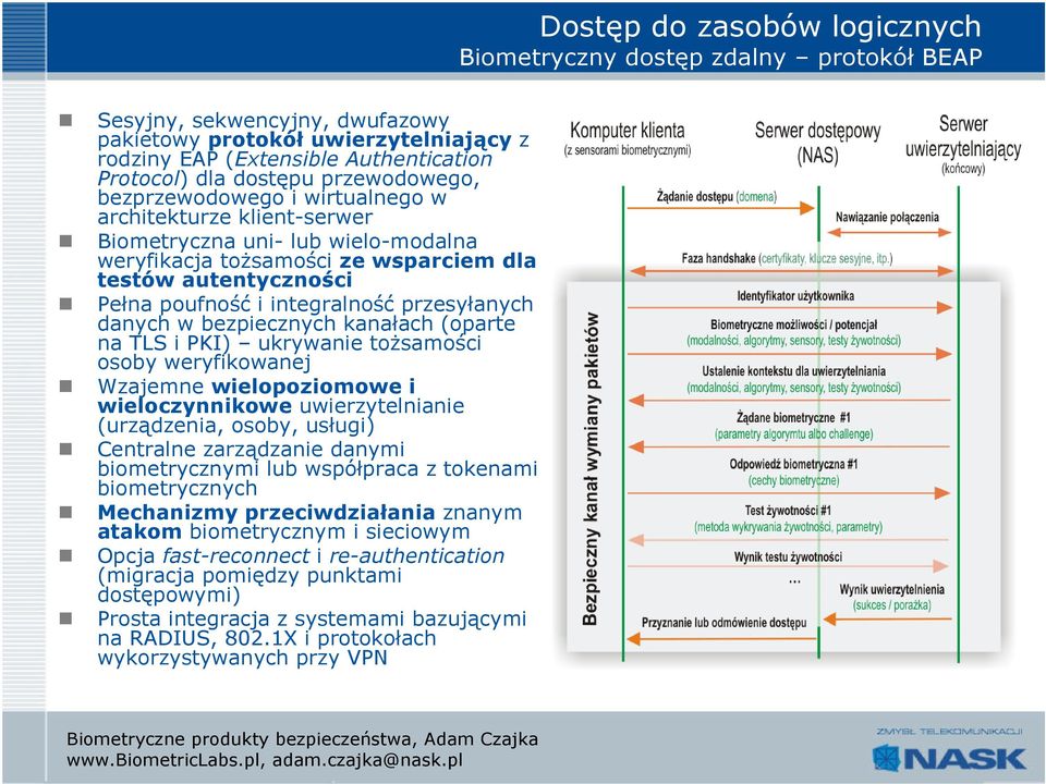 integralność przesyłanych danych w bezpiecznych kanałach (oparte na TLS i PKI) ukrywanie tożsamości osoby weryfikowanej Wzajemne wielopoziomowe i wieloczynnikowe uwierzytelnianie (urządzenia, osoby,
