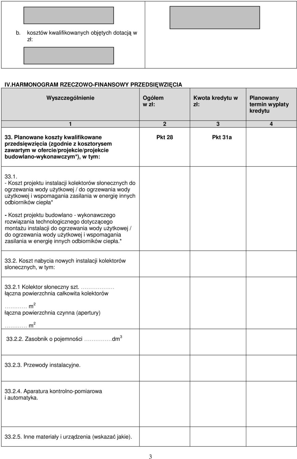 33.1. - Koszt projektu instalacji kolektorów słonecznych do ogrzewania wody użytkowej / do ogrzewania wody użytkowej i wspomagania zasilania w energię innych odbiorników ciepła* - Koszt projektu