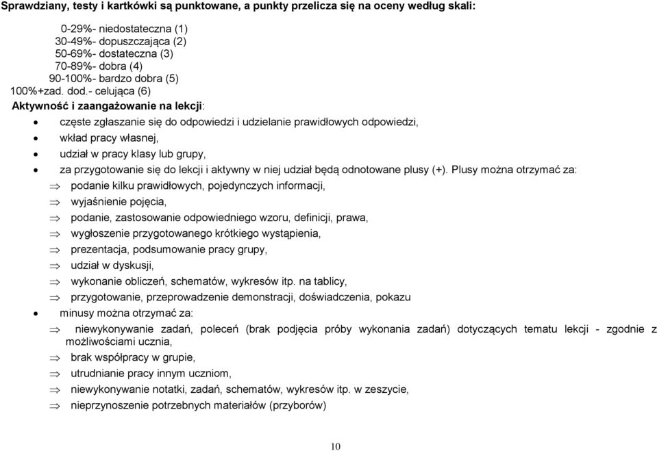 - celująca (6) Aktywność i zaangażowanie na lekcji: częste zgłaszanie się do odpowiedzi i udzielanie prawidłowych odpowiedzi, wkład pracy własnej, udział w pracy klasy lub grupy, za przygotowanie się