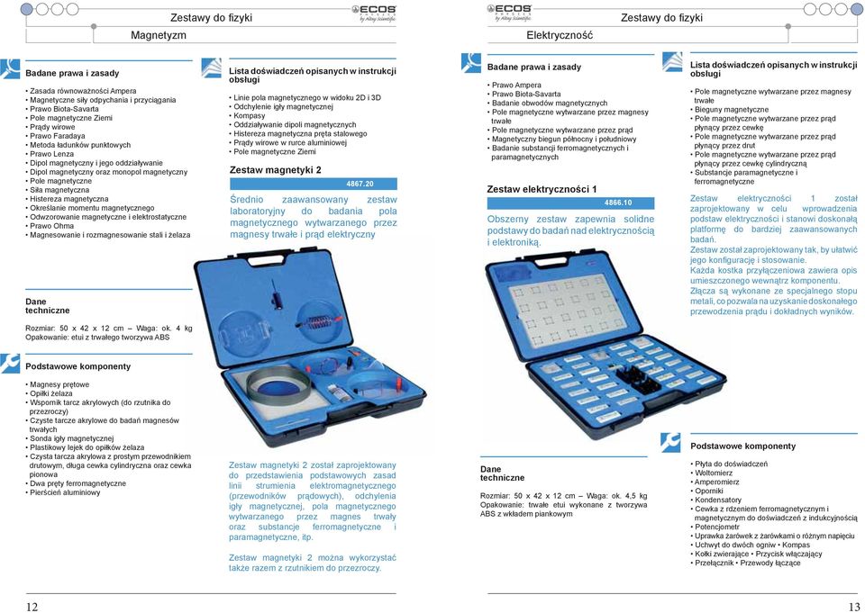 momentu magnetycznego Odwzorowanie magnetyczne i elektrostatyczne Prawo Ohma Magnesowanie i rozmagnesowanie stali i żelaza Lista doświadczeń opisanych w instrukcji obsługi Linie pola magnetycznego w
