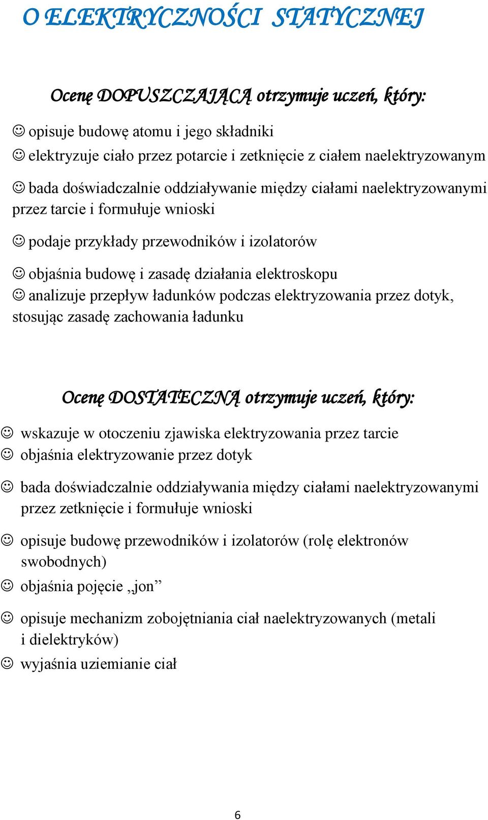 przepływ ładunków podczas elektryzowania przez dotyk, stosując zasadę zachowania ładunku Ocenę DOSTATECZNĄ otrzymuje uczeń, który: wskazuje w otoczeniu zjawiska elektryzowania przez tarcie objaśnia