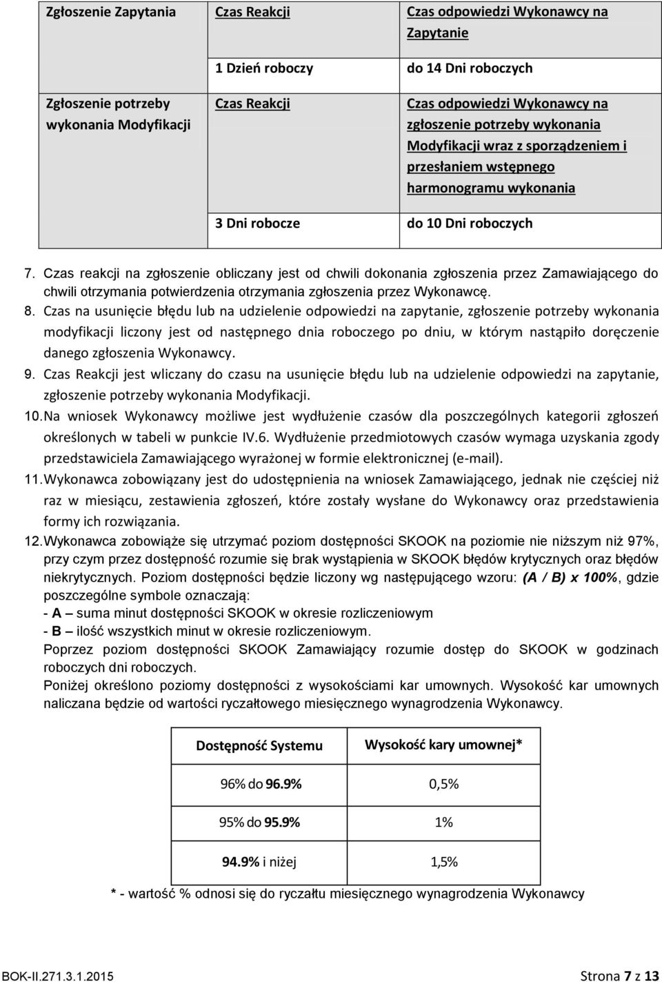 Czas reakcji na zgłoszenie obliczany jest od chwili dokonania zgłoszenia przez Zamawiającego do chwili otrzymania potwierdzenia otrzymania zgłoszenia przez Wykonawcę. 8.