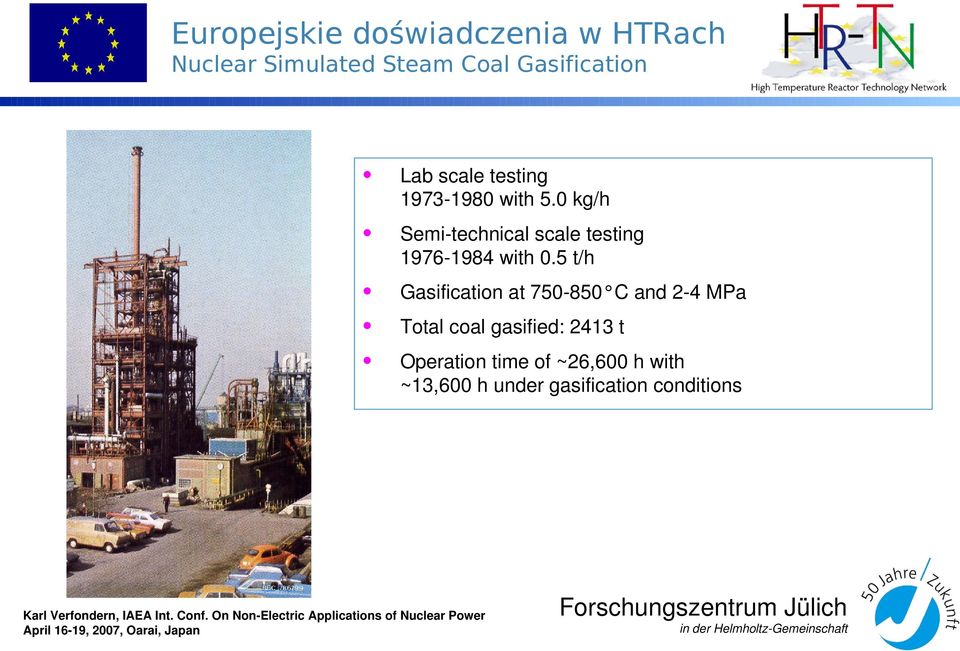 5 t/h Gasification at 750 850 C and 2 4 MPa Total coal gasified: 2413 t Operation time of ~26,600 h with ~13,600 h