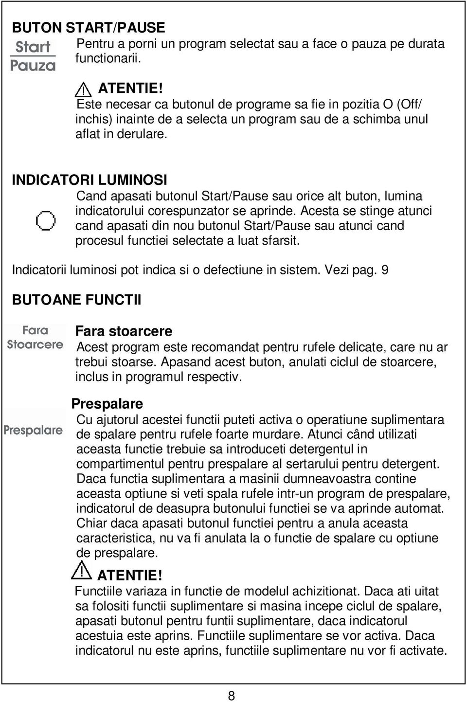 INDICATORI LUMINOSI Cand apasati butonul Start/Pause sau orice alt buton, lumina indicatorului corespunzator se aprinde.