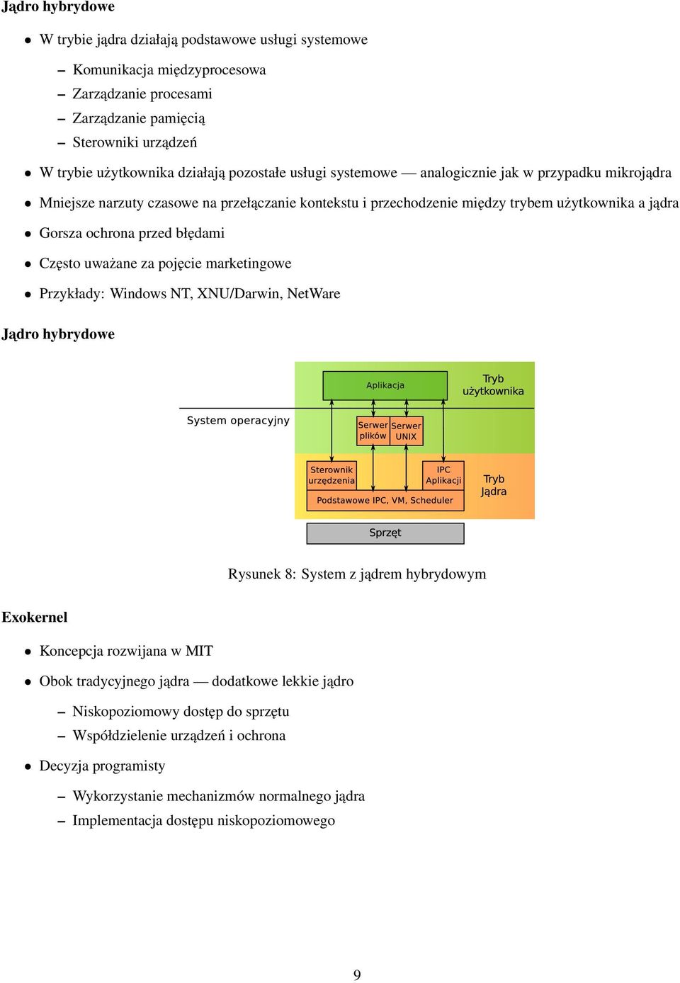 błędami Często uważane za pojęcie marketingowe Przykłady: Windows NT, XNU/Darwin, NetWare Jadro hybrydowe Rysunek 8: System z jądrem hybrydowym Exokernel Koncepcja rozwijana w MIT Obok