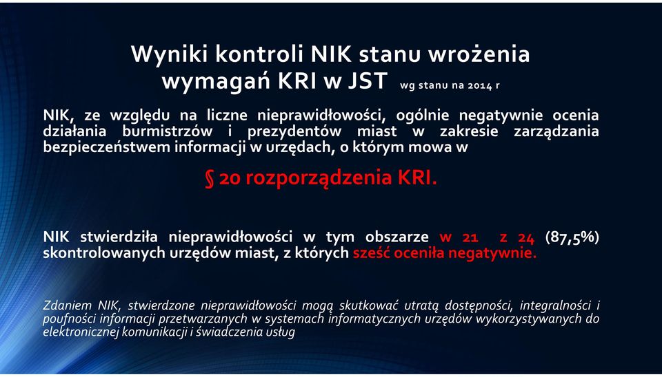 NIK stwierdziła nieprawidłowości w tym obszarze w 21 z 24 (87,5%) skontrolowanych urzędów miast, z których sześć oceniła negatywnie.