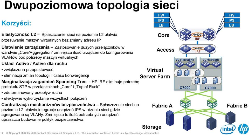 topologii i czasu konwergencji Marginalizacja zagadnień Spanning Tree - HP IRF eliminuje potrzebę protokołu STP w przełącznikach Core i Top of Rack zdeterminowany przepływ ruchu efektywne