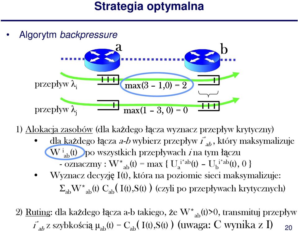 (t) = max { U a i*ab (t) U b i*ab (t), 0 } Wyznacz decyzję I(t), która na poziomie sieci maksymalizuje: Σ ab W* ab (t) C ab ( I(t),S(t) ) (czyli po