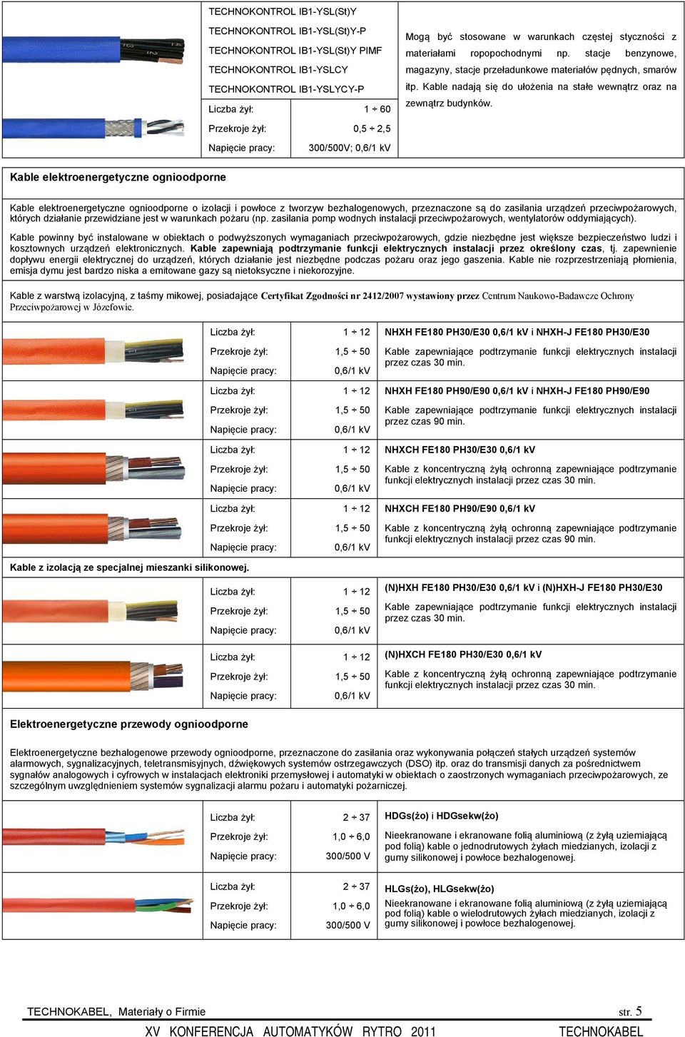 300/500V; Kable elektroenergetyczne ognioodporne Kable elektroenergetyczne ognioodporne o izolacji i powłoce z tworzyw bezhalogenowych, przeznaczone są do zasilania urządzeń przeciwpożarowych,