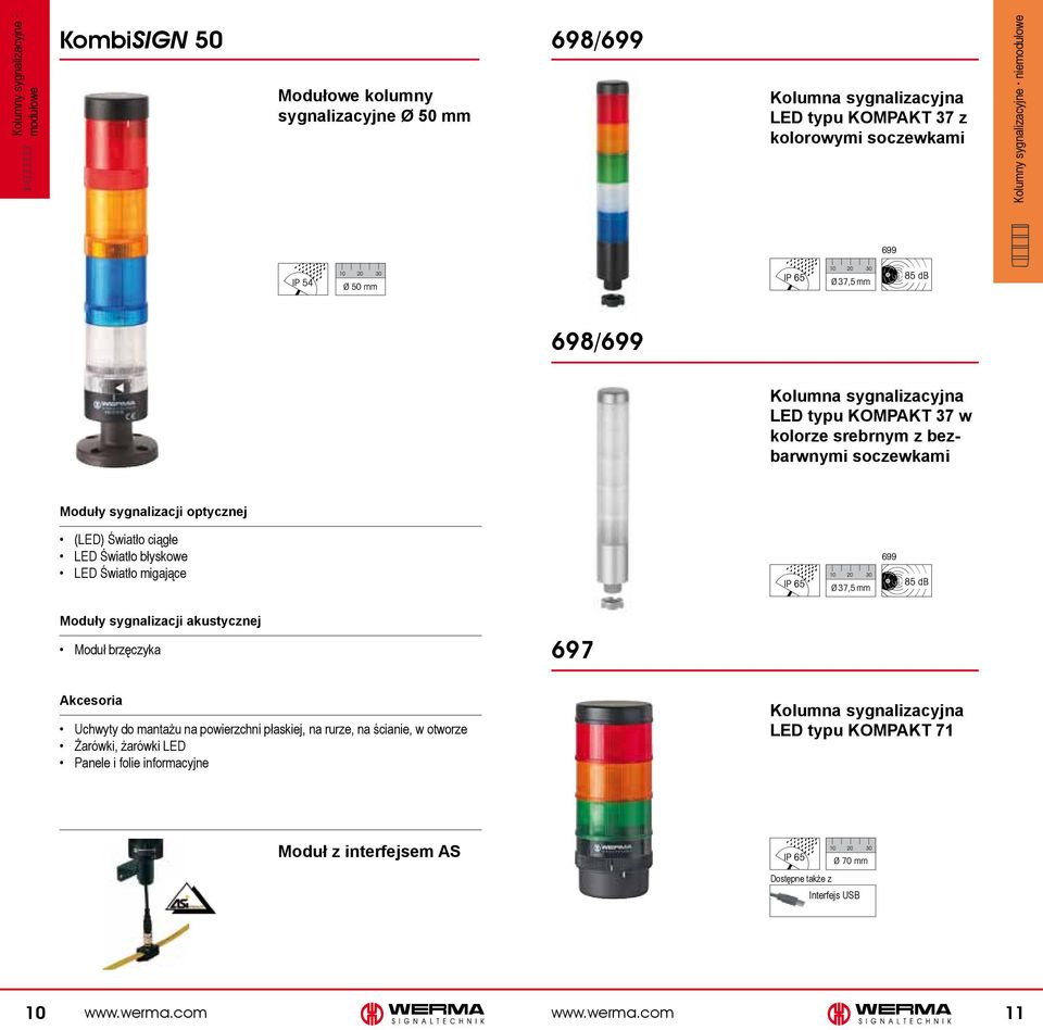 Światło ciągłe LED Światło błyskowe LED Światło migające Ø 37,5 mm 699 85 db Moduły sygnalizacji akustycznej Moduł brzęczyka 697 Akcesoria Uchwyty do mantażu na powierzchni płaskiej,