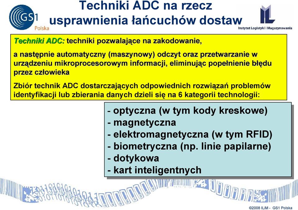 dostarczających odpowiednich rozwiązań problemów identyfikacji lub zbierania danych dzieli się na 6 kategorii technologii: -- optyczna (w