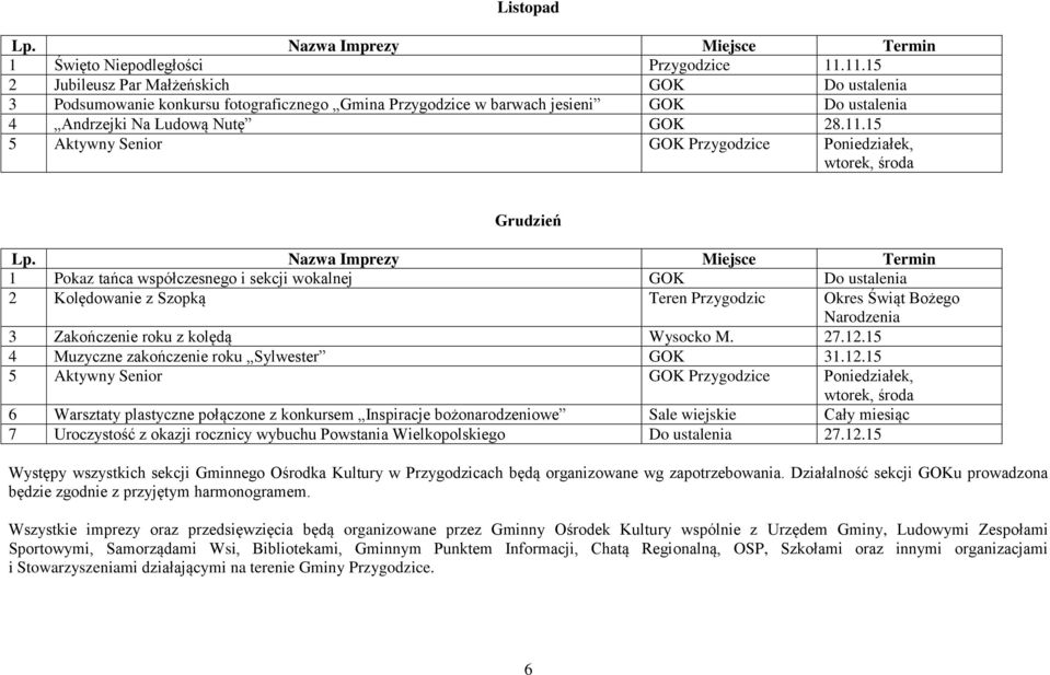 Senior GOK Przygodzice Poniedziałek, Grudzień 1 Pokaz tańca współczesnego i sekcji wokalnej GOK Do ustalenia 2 Kolędowanie z Szopką Teren Przygodzic Okres Świąt Bożego Narodzenia 3 Zakończenie roku z