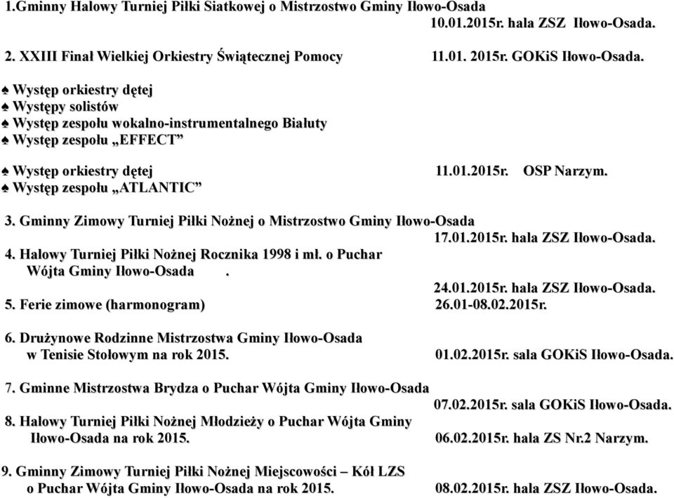 Gminny Zimowy Turniej Piłki Nożnej o Mistrzostwo Gminy Iłowo-Osada 17.01.2015r. hala ZSZ Iłowo-Osada. 4. Halowy Turniej Piłki Nożnej Rocznika 1998 i mł. o Puchar Wójta Gminy Iłowo-Osada. 24.01.2015r. hala ZSZ Iłowo-Osada. 5.