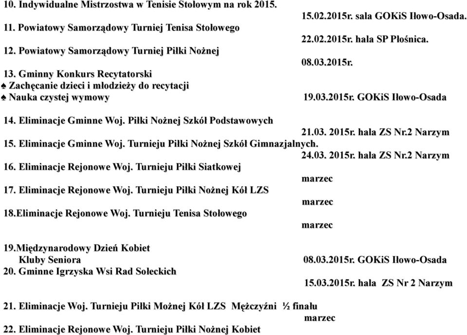 Piłki Nożnej Szkół Podstawowych 21.03. 2015r. hala ZS Nr.2 Narzym 15. Eliminacje Gminne Woj. Turnieju Piłki Nożnej Szkół Gimnazjalnych. 24.03. 2015r. hala ZS Nr.2 Narzym 16. Eliminacje Rejonowe Woj.