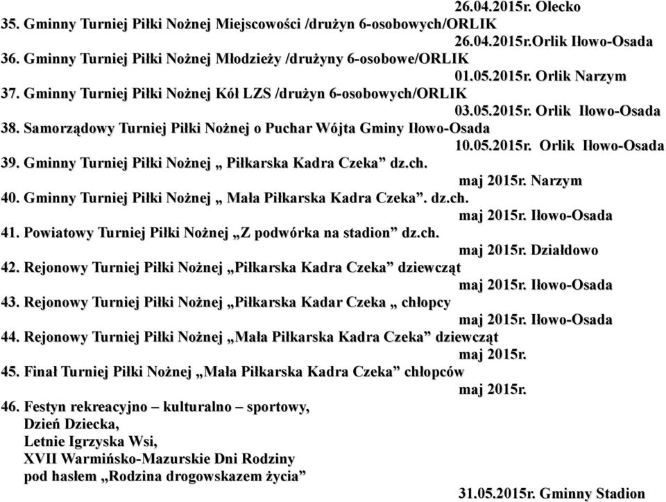 Gminny Turniej Piłki Nożnej Piłkarska Kadra Czeka dz.ch. maj 2015r. Narzym 40. Gminny Turniej Piłki Nożnej Mała Piłkarska Kadra Czeka. dz.ch. maj 2015r. Iłowo-Osada 41.