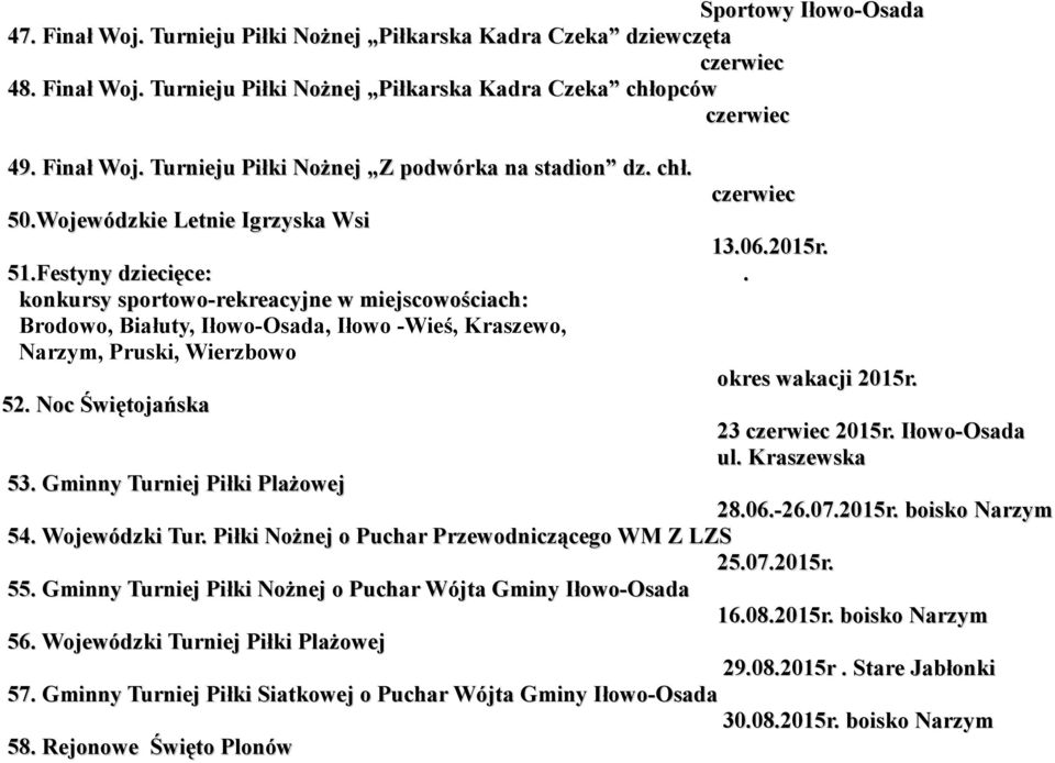 konkursy sportowo-rekreacyjne w miejscowościach: Brodowo, Białuty, Iłowo-Osada, Iłowo -Wieś, Kraszewo, Narzym, Pruski, Wierzbowo 52. Noc Świętojańska 53.