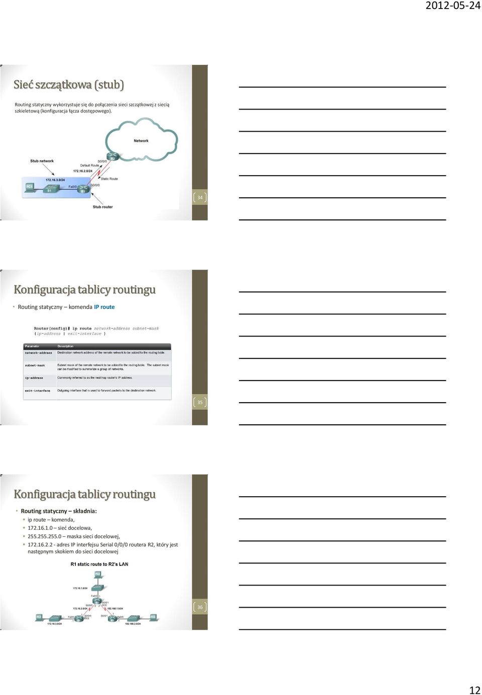 34 Konfiguracja tablicy routingu Routing statyczny komenda IP route 35 Konfiguracja tablicy routingu Routing