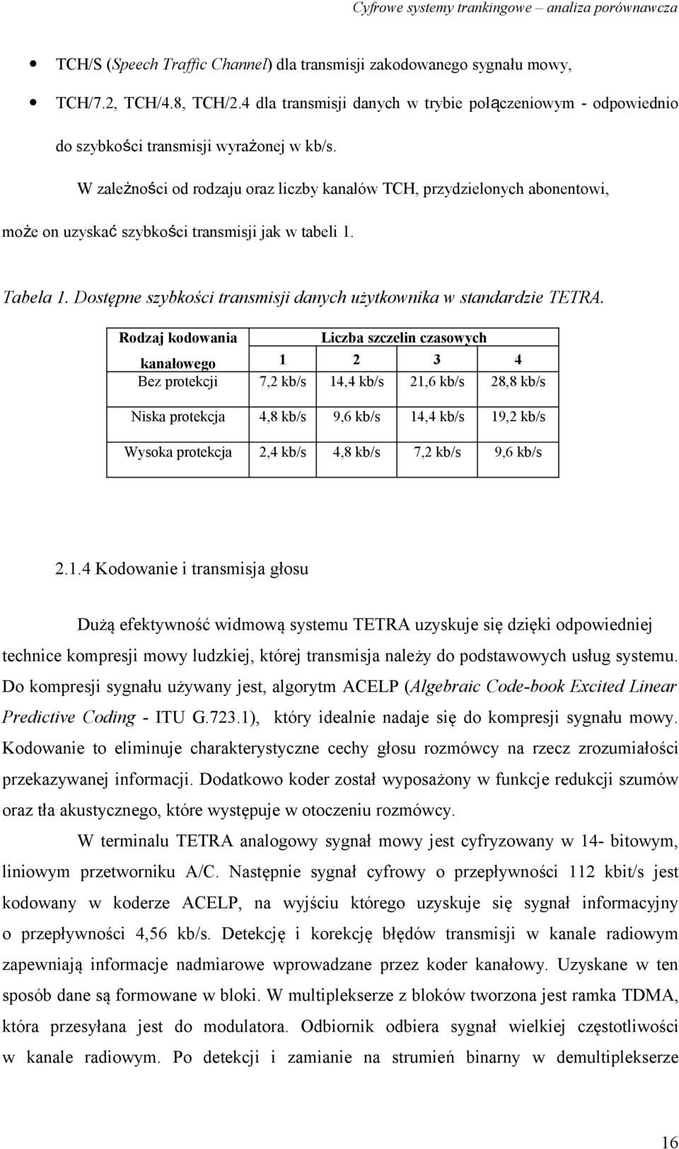Dostępne szybkości transmisji danych użytkownika w standardzie TETRA.