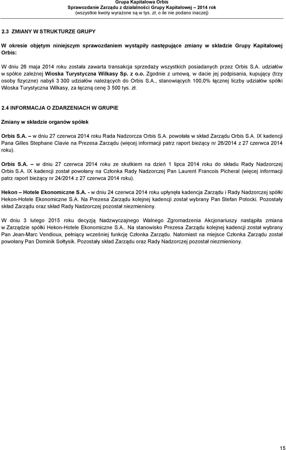 A., stanowiących 100,0% łącznej liczby udziałów spółki Wioska Turystyczna Wilkasy, za łączną cenę 3 500 tys. zł. 2.4 INFORMACJA O ZDARZENIACH W GRUPIE Zmiany w składzie organów spółek Orbis S.A. w dniu 27 czerwca 2014 roku Rada Nadzorcza Orbis S.