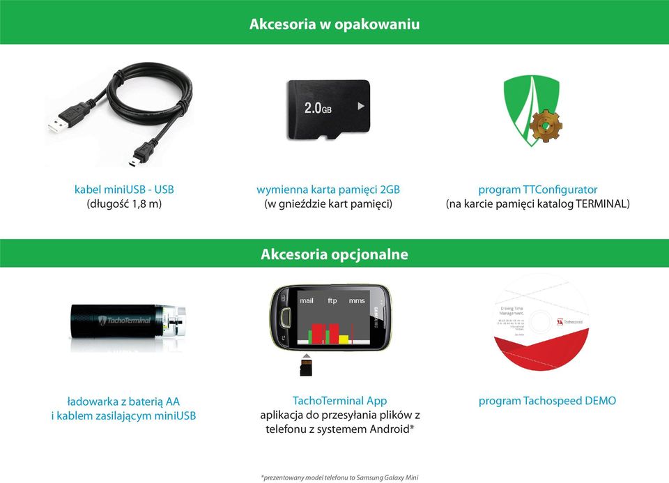 ładowarka z baterią AA i kablem zasilającym miniusb TachoTerminal App aplikacja do przesyłania