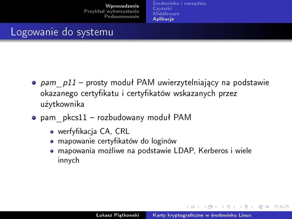 wskazanych przez u»ytkownika pam_pkcs11 rozbudowany moduª PAM werfykacja CA, CRL