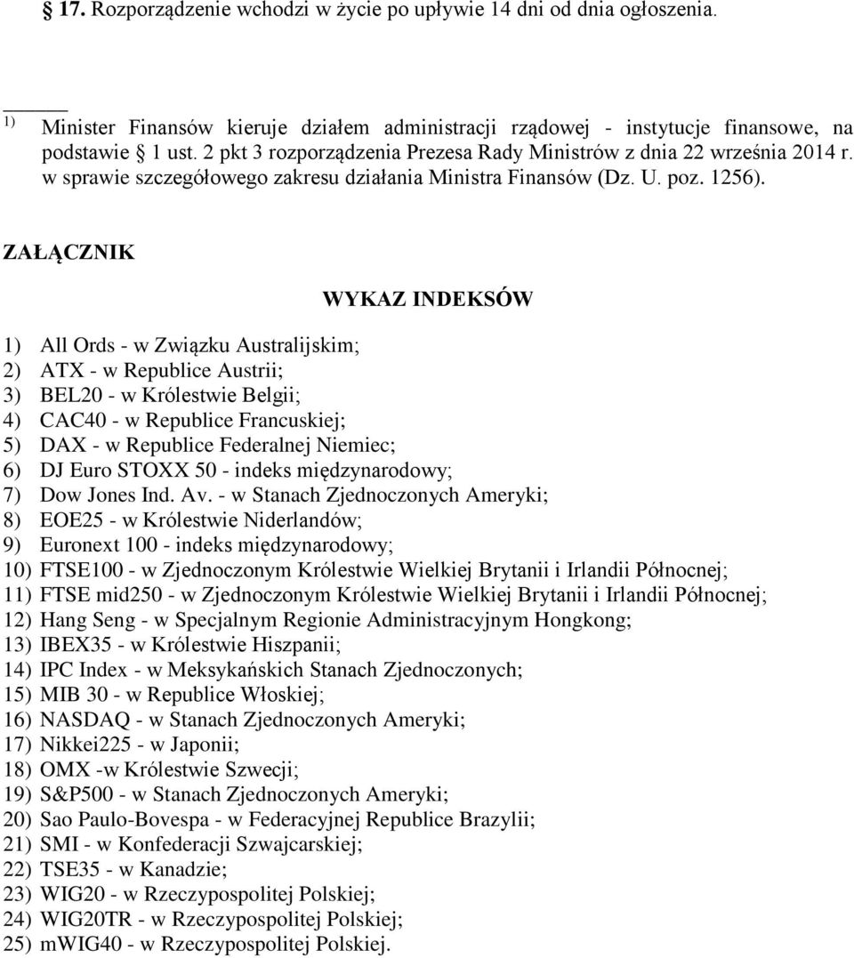 ZAŁĄCZNIK WYKAZ INDEKSÓW 1) All Ords - w Związku Australijskim; 2) ATX - w Republice Austrii; 3) BEL20 - w Królestwie Belgii; 4) CAC40 - w Republice Francuskiej; 5) DAX - w Republice Federalnej