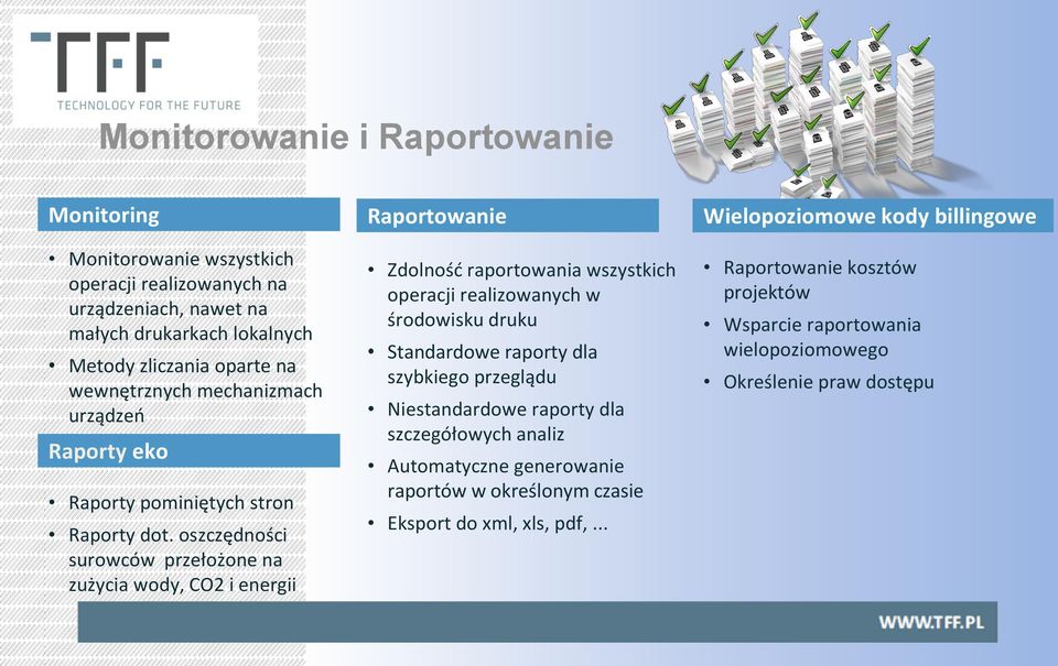 oszczędności surowców przełożone na zużycia wody, CO2 i energii Raportowanie Zdolność raportowania wszystkich operacji realizowanych w środowisku druku Standardowe raporty dla