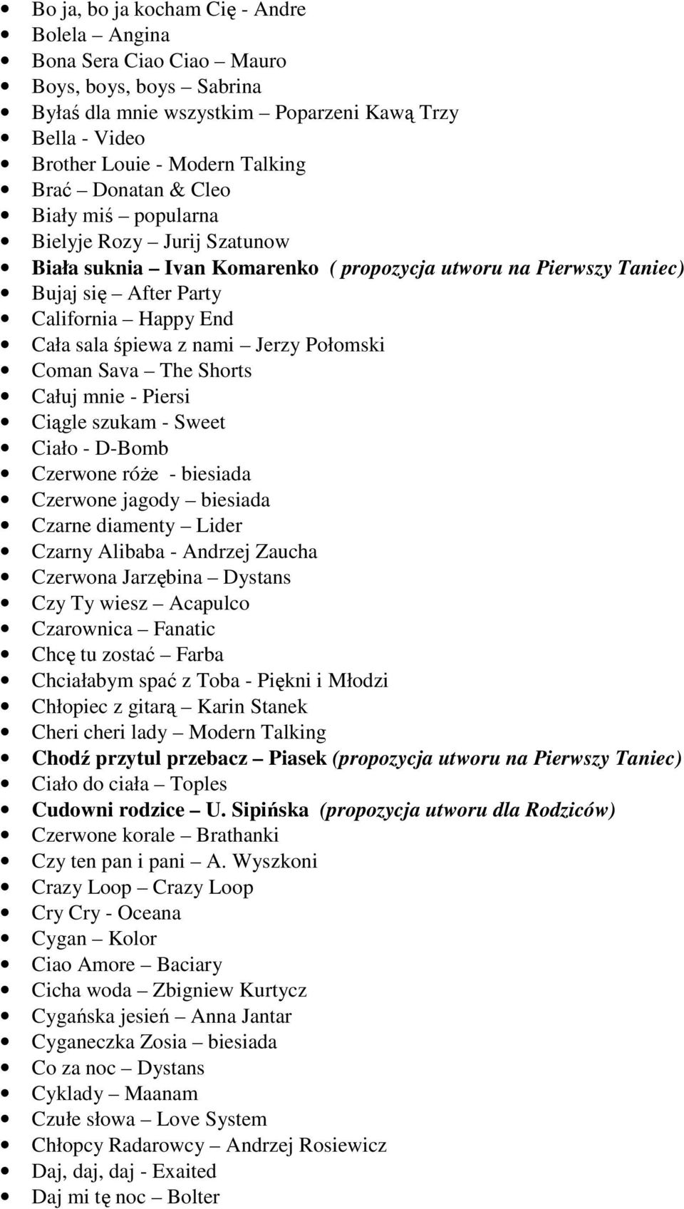 Połomski Coman Sava The Shorts Całuj mnie - Piersi Ciągle szukam - Sweet Ciało - D-Bomb Czerwone róże - biesiada Czerwone jagody biesiada Czarne diamenty Lider Czarny Alibaba - Andrzej Zaucha