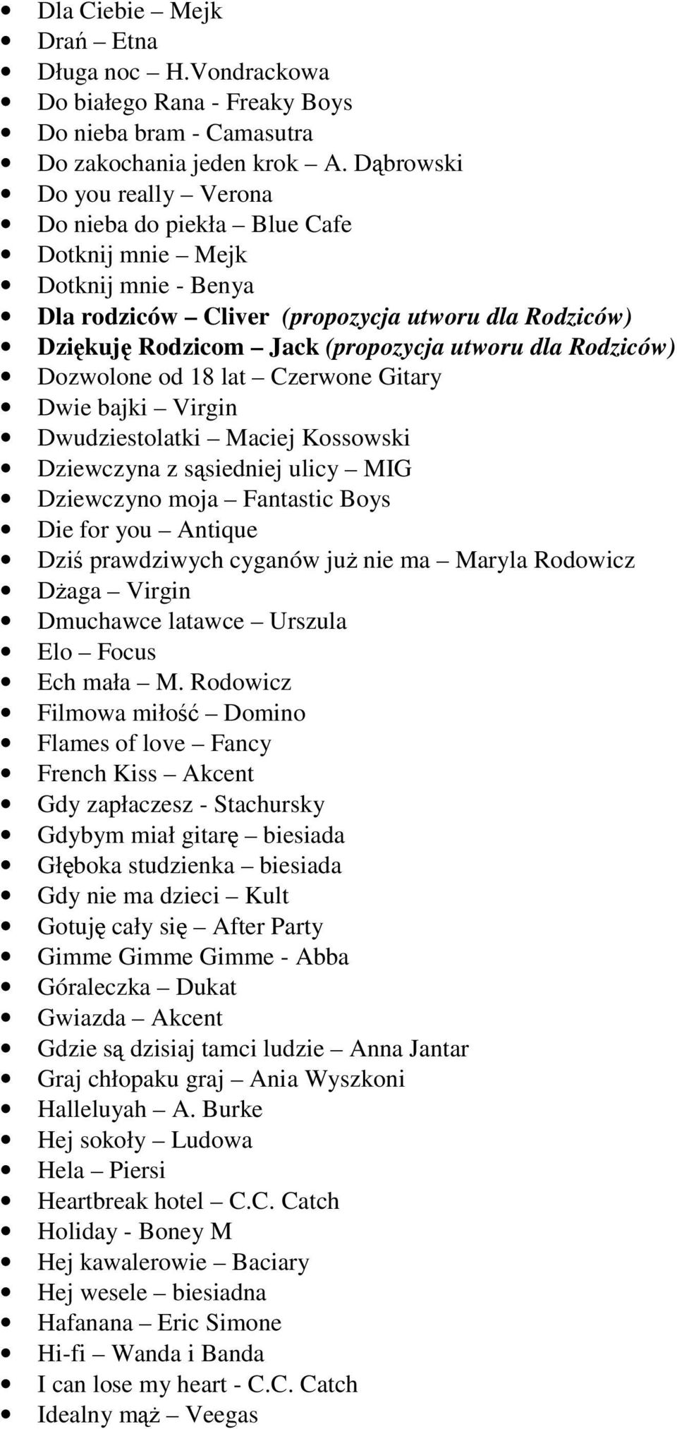 Rodziców) Dozwolone od 18 lat Czerwone Gitary Dwie bajki Virgin Dwudziestolatki Maciej Kossowski Dziewczyna z sąsiedniej ulicy MIG Dziewczyno moja Fantastic Boys Die for you Antique Dziś prawdziwych