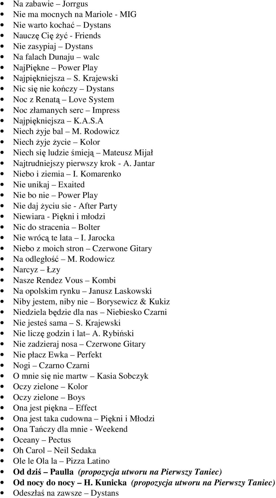 Rodowicz Niech żyje życie Kolor Niech się ludzie śmieją Mateusz Mijał Najtrudniejszy pierwszy krok - A. Jantar Niebo i ziemia I.