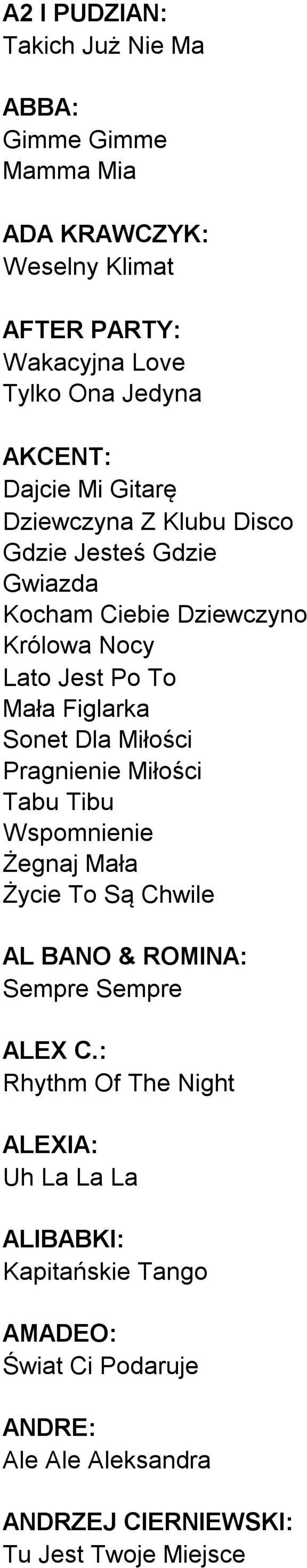 Dla Miłości Pragnienie Miłości Tabu Tibu Wspomnienie Żegnaj Mała Życie To Są Chwile AL BANO & ROMINA: Sempre Sempre ALEX C.