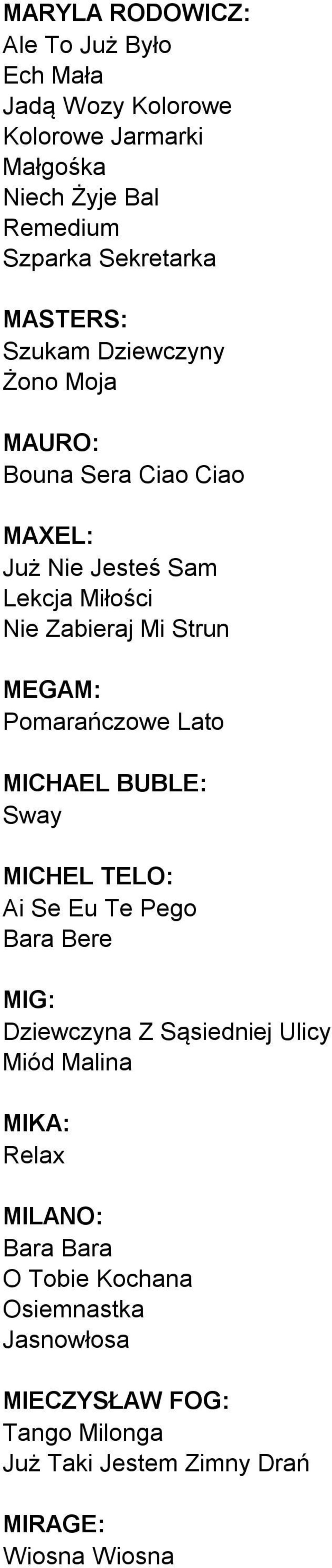 Pomarańczowe Lato MICHAEL BUBLE: Sway MICHEL TELO: Ai Se Eu Te Pego Bara Bere MIG: Dziewczyna Z Sąsiedniej Ulicy Miód Malina MIKA: