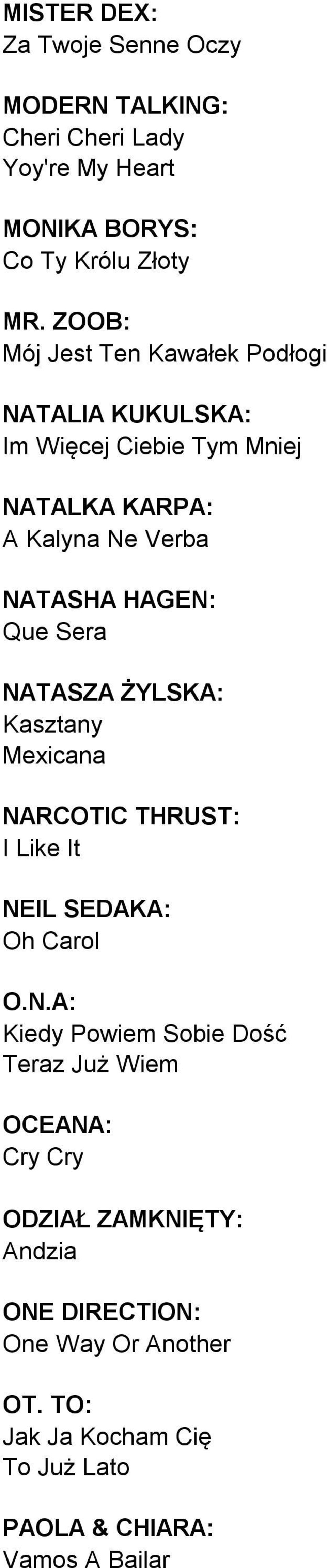 Sera NATASZA ŻYLSKA: Kasztany Mexicana NARCOTIC THRUST: I Like It NEIL SEDAKA: Oh Carol O.N.A: Kiedy Powiem Sobie Dość Teraz Już Wiem OCEANA: Cry Cry ODZIAŁ ZAMKNIĘTY: Andzia ONE DIRECTION: One Way Or Another OT.