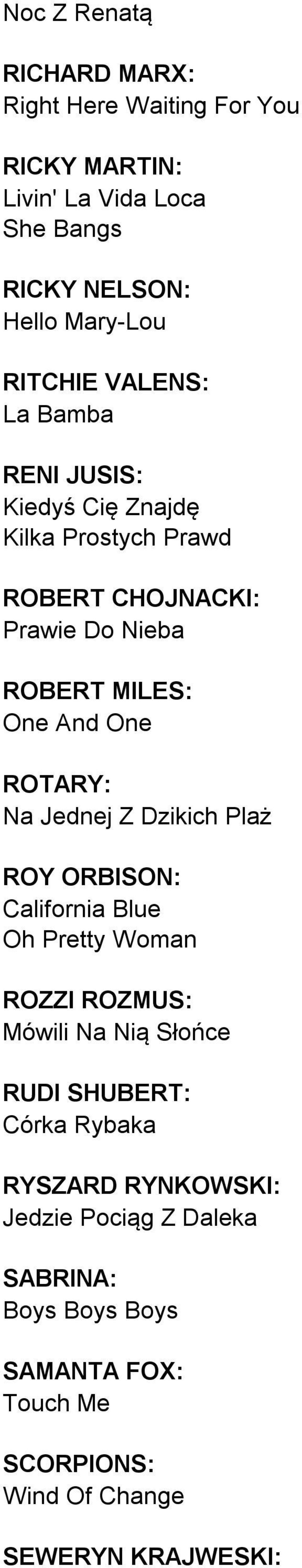 One ROTARY: Na Jednej Z Dzikich Plaż ROY ORBISON: California Blue Oh Pretty Woman ROZZI ROZMUS: Mówili Na Nią Słońce RUDI SHUBERT: