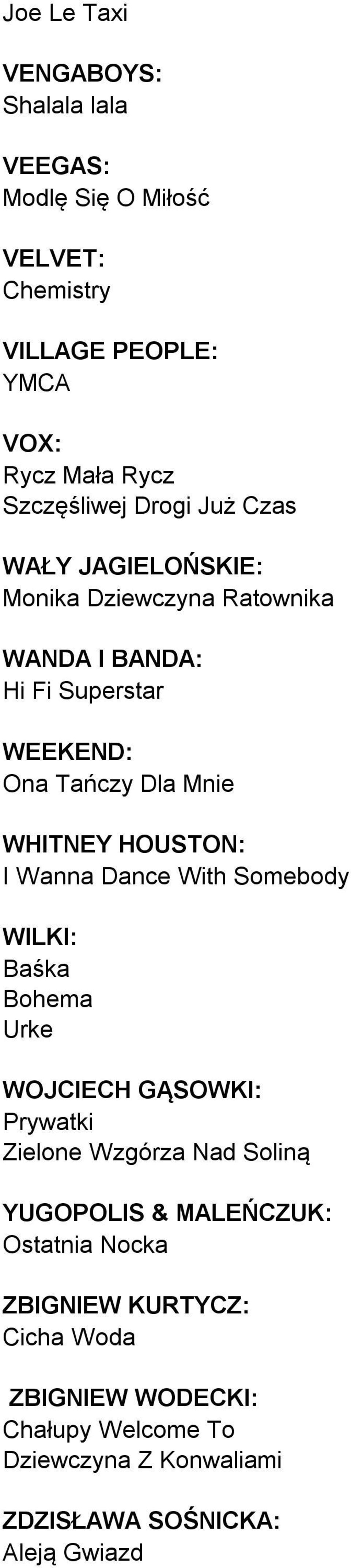 HOUSTON: I Wanna Dance With Somebody WILKI: Baśka Bohema Urke WOJCIECH GĄSOWKI: Prywatki Zielone Wzgórza Nad Soliną YUGOPOLIS &