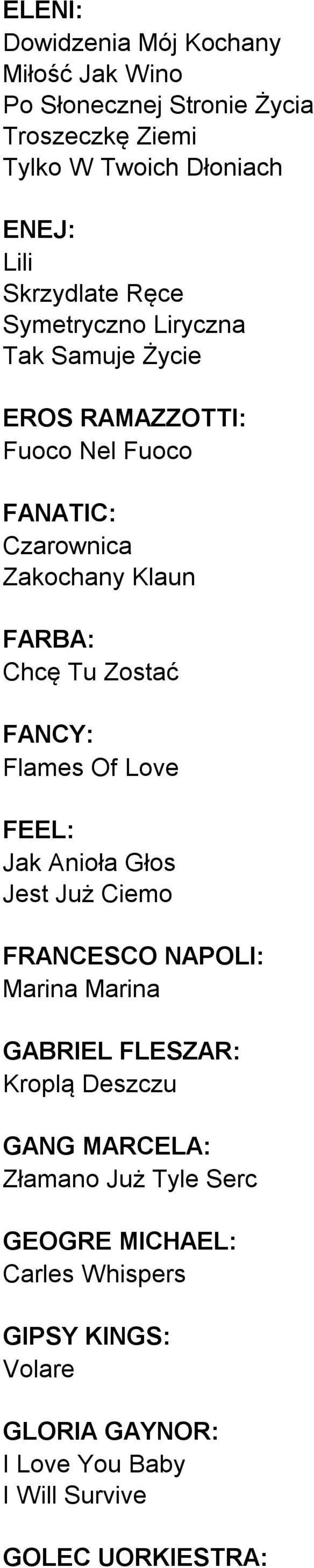 FANCY: Flames Of Love FEEL: Jak Anioła Głos Jest Już Ciemo FRANCESCO NAPOLI: Marina Marina GABRIEL FLESZAR: Kroplą Deszczu GANG MARCELA: