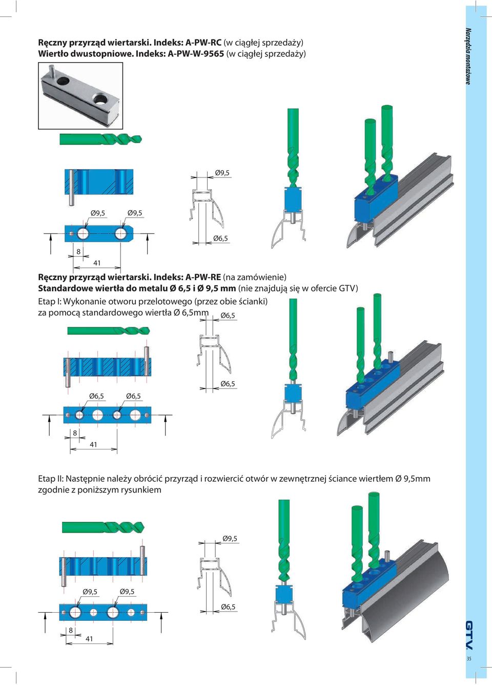 Indeks: APWRE (na zamówienie) Standardowe wiertła do metalu Ø 6,5 i Ø 9,5 mm (nie znajdują się w ofercie GTV) Etap I: Wykonanie otworu