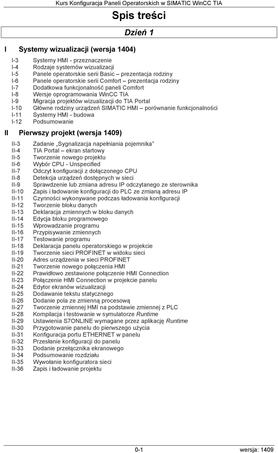 urządzeń SIMATIC HMI porównanie funkcjonalności I-11 Systemy HMI - budowa I-12 Podsumowanie II Pierwszy projekt (wersja 1409) II-3 II-4 II-5 II-6 II-7 II-8 II-9 II-10 II-11 II-12 II-13 II-14 II-15