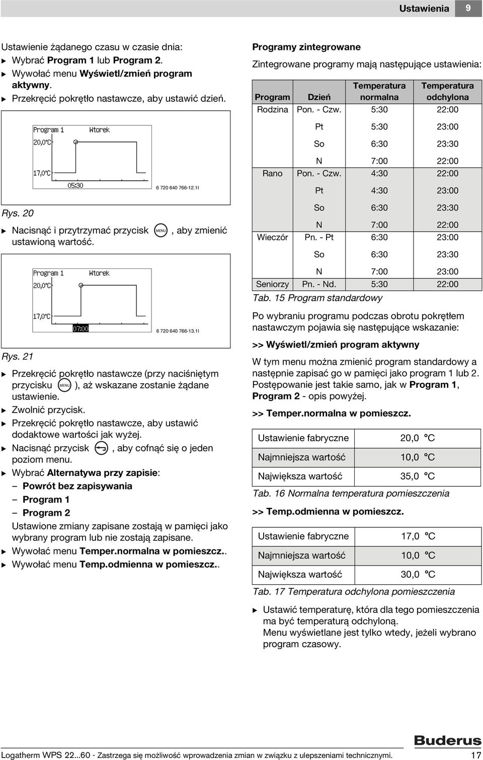 - Czw. 7:00 4:30 22:00 22:00 6 720 640 766-12.1I Pt 4:30 23:00 Rys. 20 B Nacisnąć i przytrzymać przycisk ustawioną wartość., aby zmienić Wieczór So N Pn.