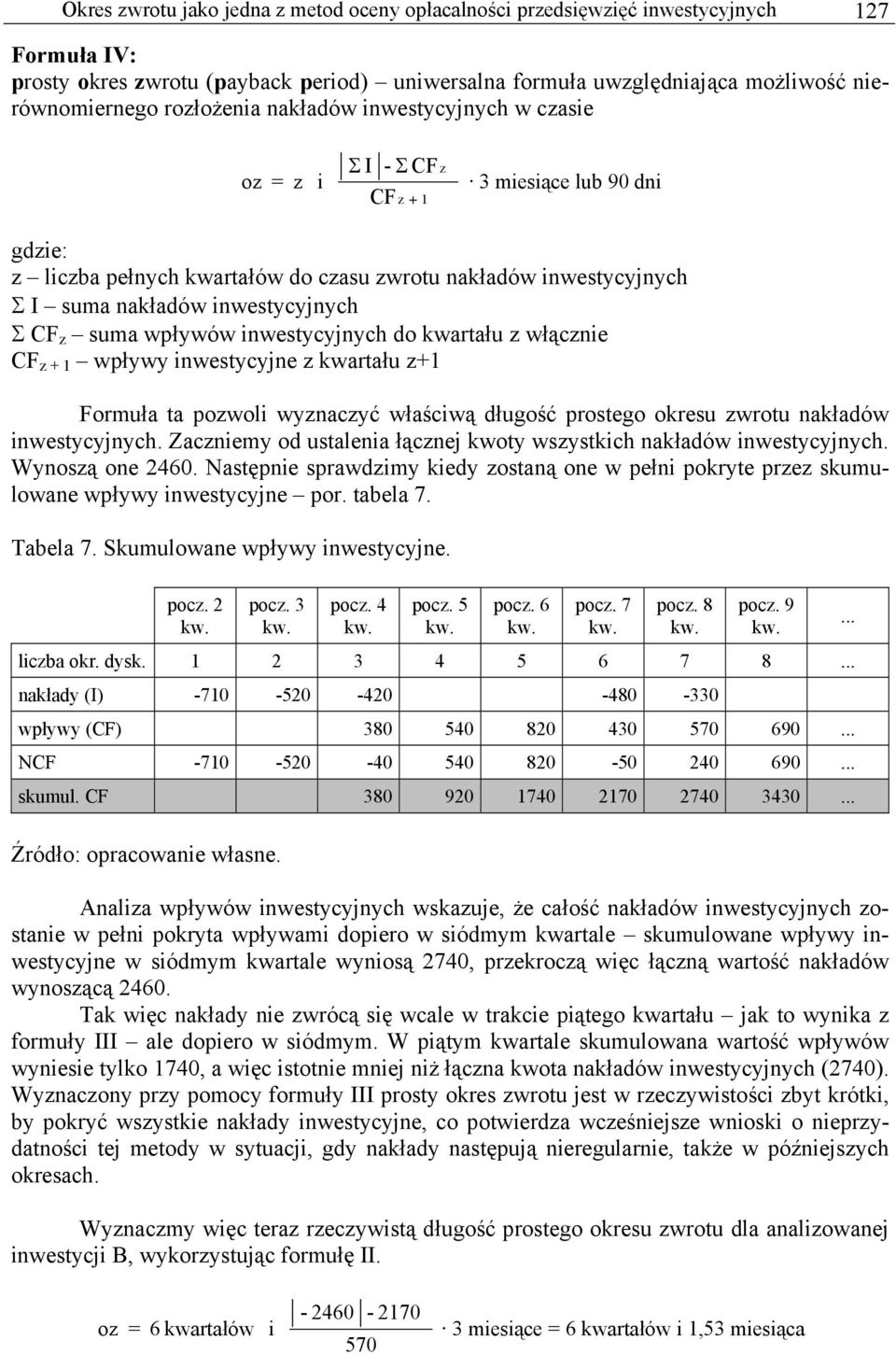 kwartału włącne CF + 1 wpływy nwestycyjne kwartału +1 Formuła ta powol wynacyć właścwą długość prostego okresu wrotu nakładów nwestycyjnych.