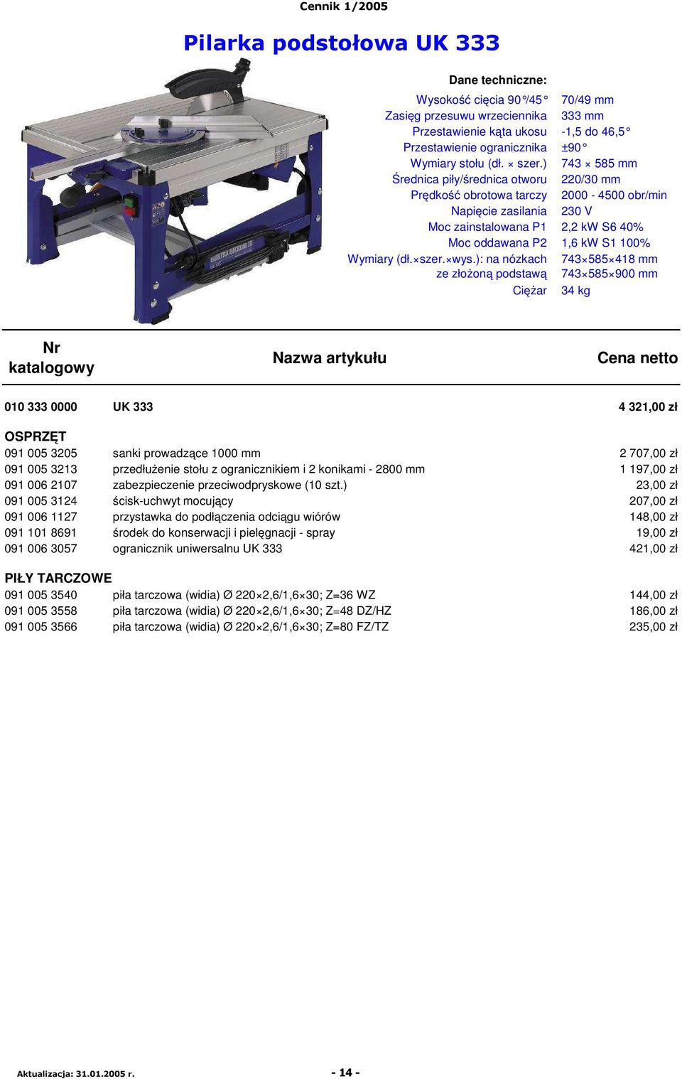 ): na nózkach ze złożoną podstawą 743 585 418 mm 743 585 900 mm Ciężar 34 kg 010 333 0000 UK 333 4 321,00 zł 091 005 3205 sanki prowadzące 1000 mm 2 707,00 zł 091 005 3213 przedłużenie stołu z