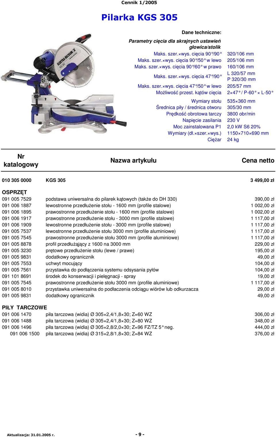 kątów cięcia 320/106 mm 205/106 mm 160/106 mm L 320/57 mm P 320/30 mm 205/57 mm 2 47 / P-60 L-50 Wymiary stołu 535 360 mm Średnica piły / średnica otworu 305/30 mm Prędkość obrotowa tarczy 3800