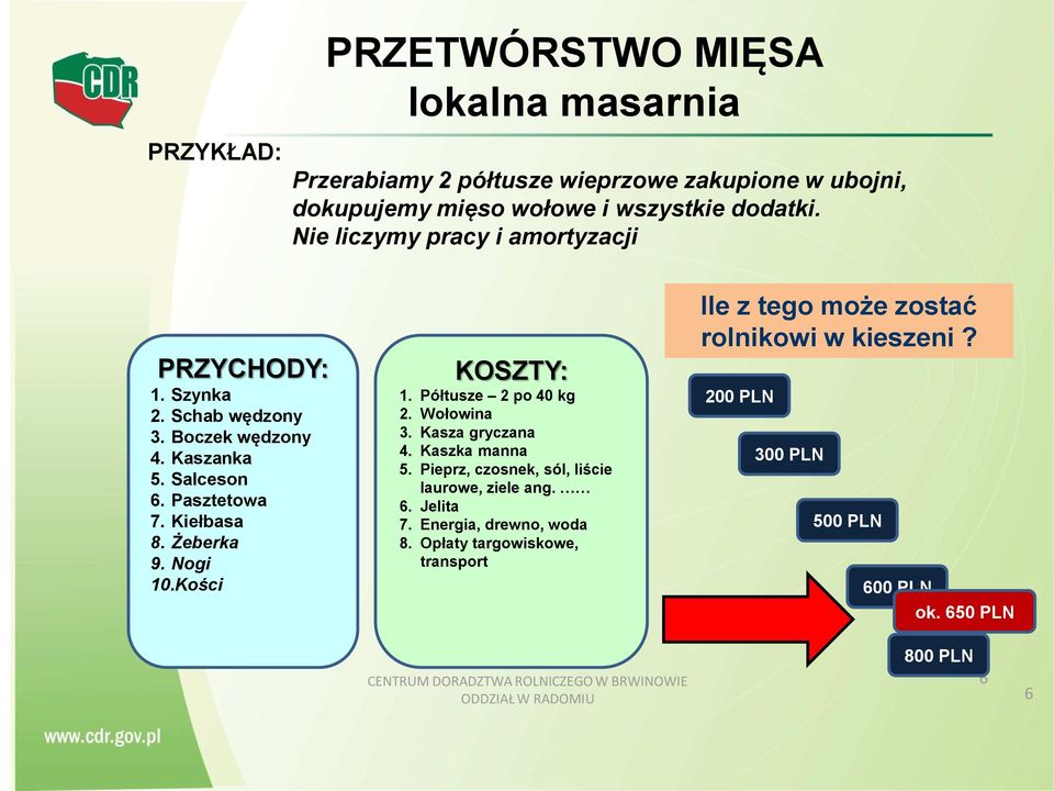 Nogi 10.Kości KOSZTY: 1. Półtusze 2 po 40 kg 2. Wołowina 3. Kasza gryczana 4. Kaszka manna 5. Pieprz, czosnek, sól, liście laurowe, ziele ang. 6. Jelita 7.