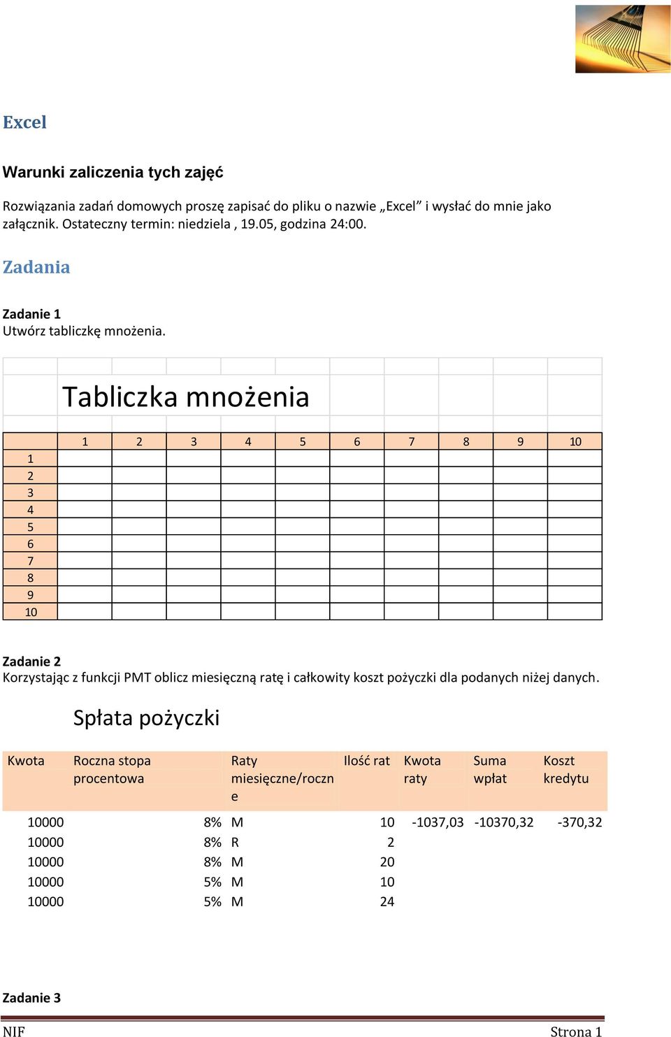 Tabliczka mnożenia 1 2 3 4 5 6 7 8 9 10 1 2 3 4 5 6 7 8 9 10 Zadanie 2 Korzystając z funkcji PMT oblicz miesięczną ratę i całkowity koszt pożyczki dla