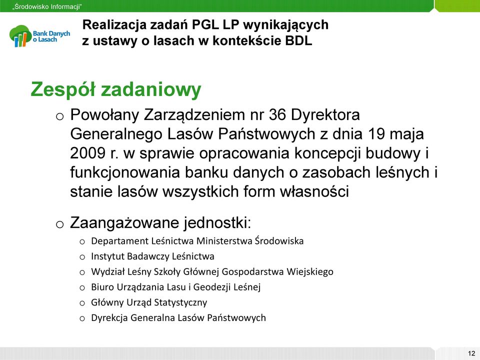 w sprawie opracowania koncepcji budowy i funkcjonowania banku danych o zasobach leśnych i stanie lasów wszystkich form własności o Zaangażowane