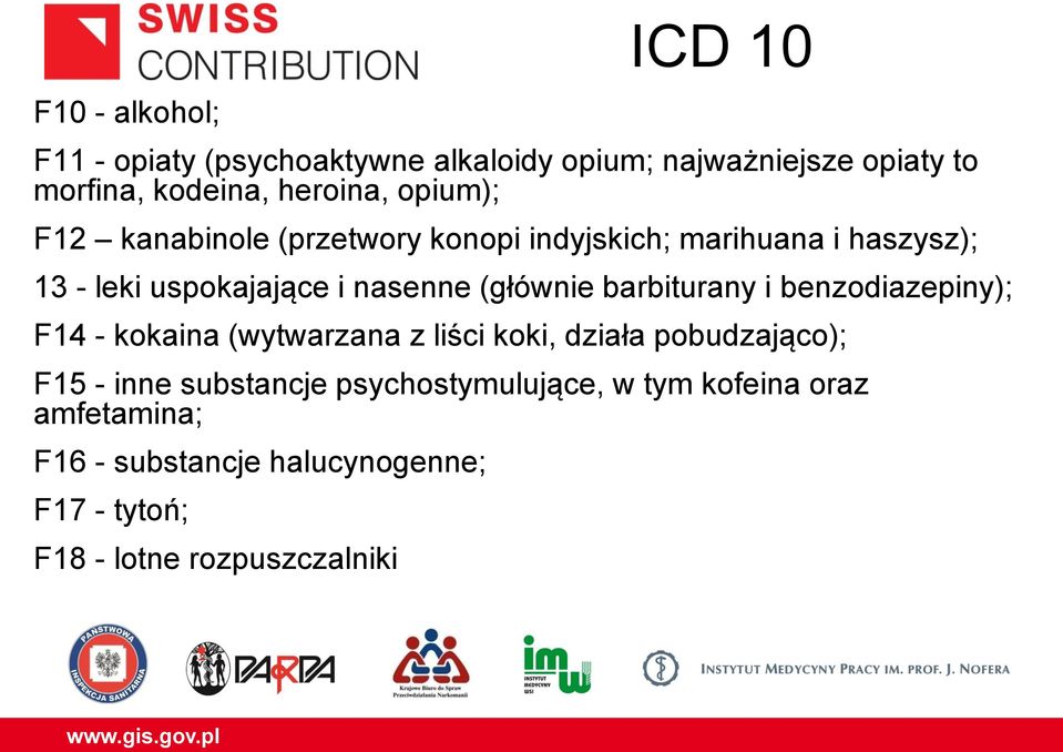 barbiturany i benzodiazepiny); F14 - kokaina (wytwarzana z liści koki, działa pobudzająco); F15 - inne substancje