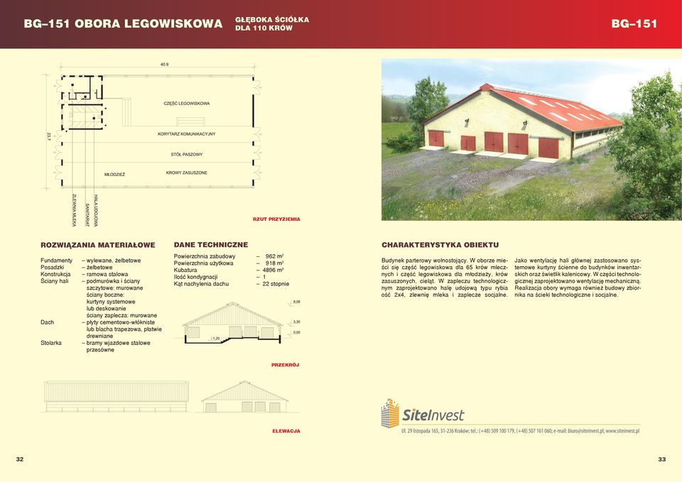 W zapleczu technologicznym zaprojektowano halę udojową typu rybia ość 2x4, zlewnię mleka i zaplecze socjalne.