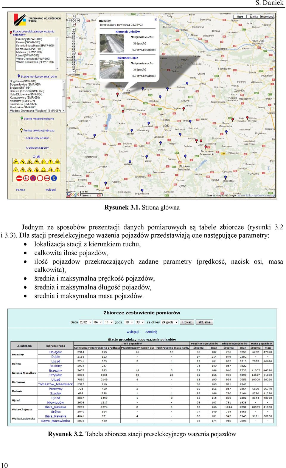 ilość pojazdów, ilość pojazdów przekraczających zadane parametry (prędkość, nacisk osi, masa całkowita), średnia i maksymalna prędkość