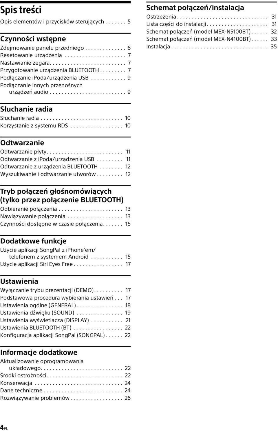 ......................... 9 Schemat połączeń/instalacja Ostrzeżenia............................... 31 Lista części do instalacji..................... 31 Schemat połączeń (model MEX-N5100BT).